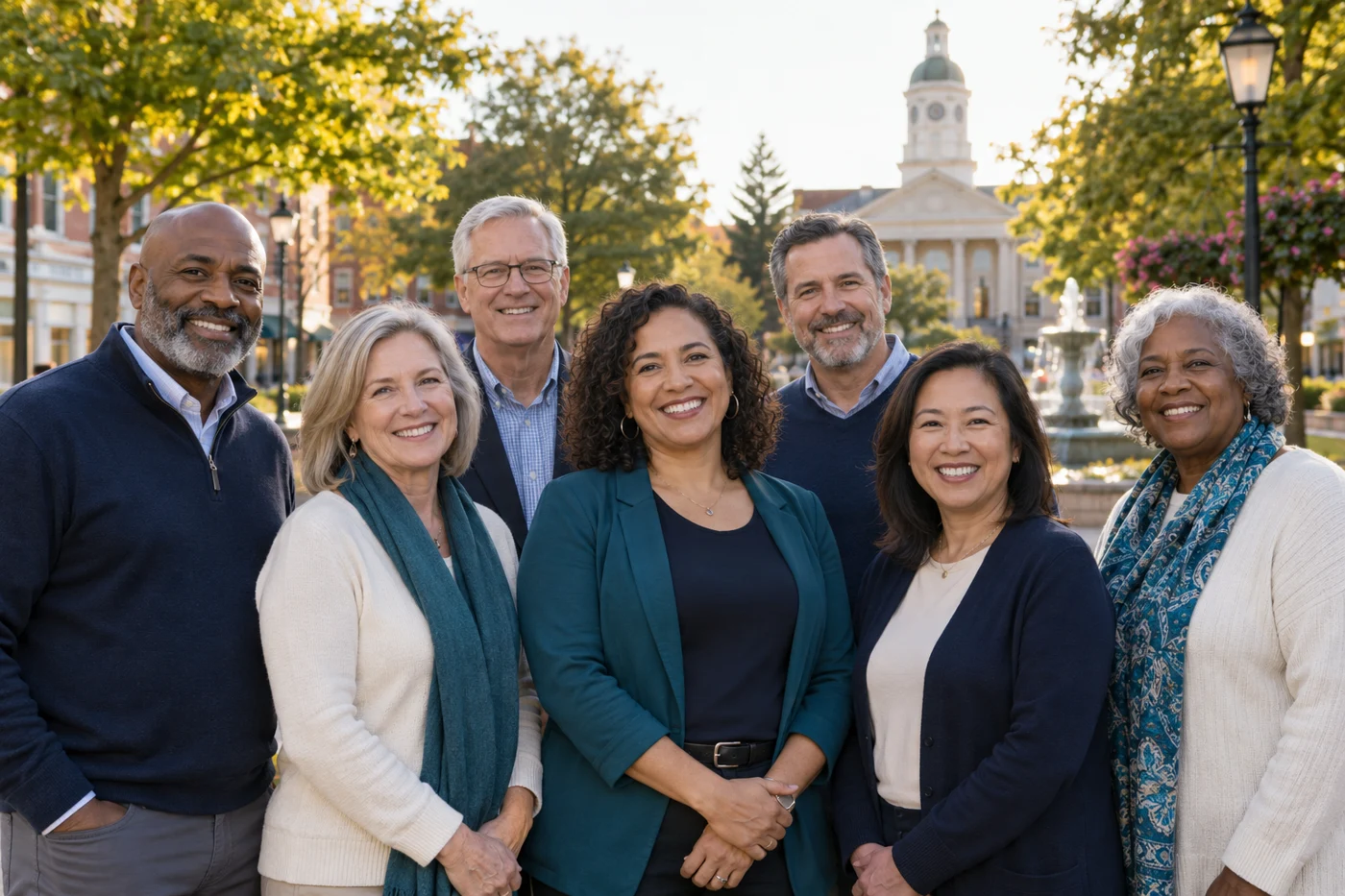 A diverse group of men and women gathered in a welcoming town square