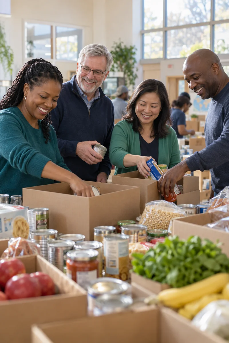 Men and women of different backgrounds packing food donations together