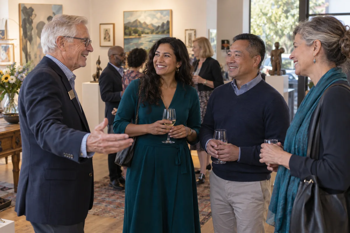 Men and women connecting at a local arts and cultural event